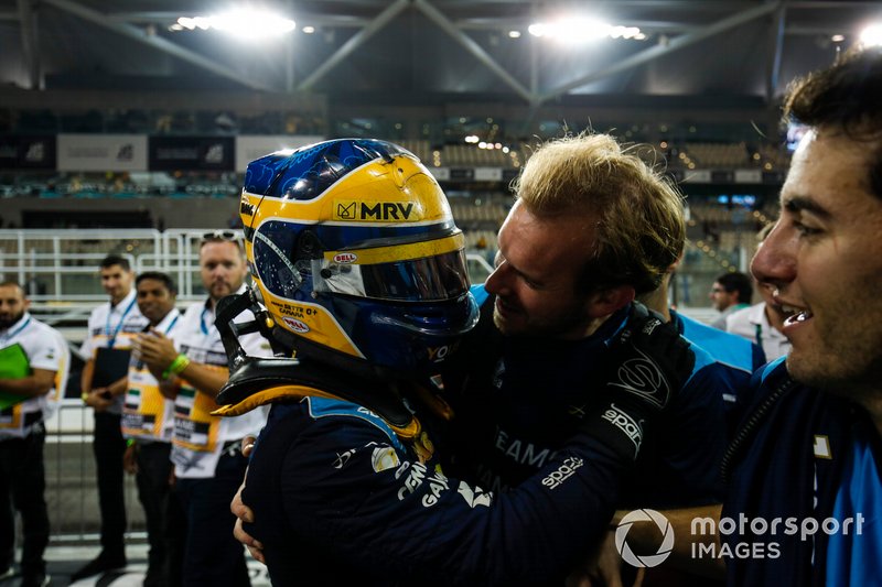 Sergio Sette Camara, Dams, celebrates feature race victory in parc ferme