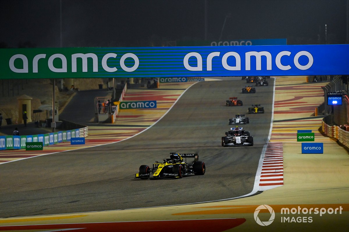 Daniel Ricciardo, Renault F1 Team R.S.20, Daniil Kvyat, AlphaTauri AT01, and Lance Stroll, Racing Point RP20