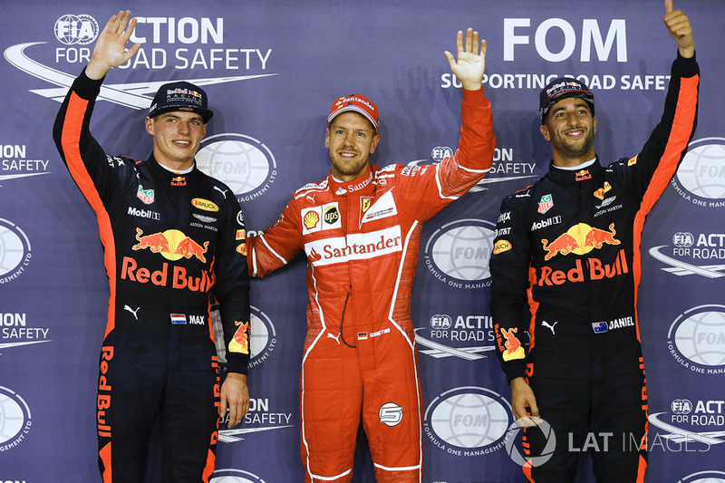 Polesitter Sebastian Vettel, Ferrari; 2. Max Verstappen, Red Bull Racing; 3. Daniel Ricciardo, Red B