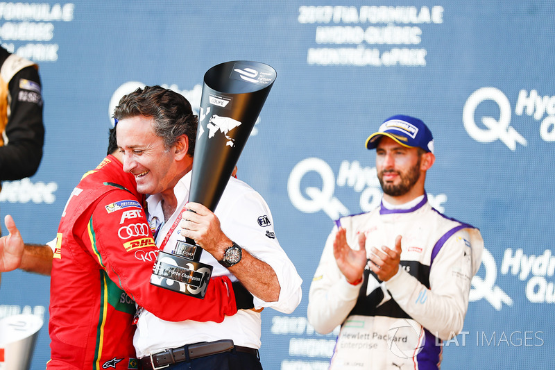 Lucas di Grassi, ABT Schaeffler Audi Sport, celebrates on the podium with Alejandro Agag, Formula E CEO