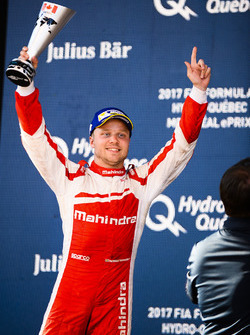 Felix Rosenqvist, Mahindra Racing, celebrates on the podium
