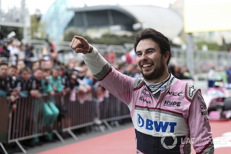 Third place Sergio Perez, Force India celebrates in parc ferme