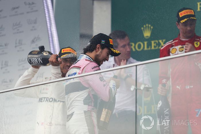 Podio: ganador, Lewis Hamilton, Mercedes-AMG F1, Ferrari, tercero, Sergio Perez, Force India