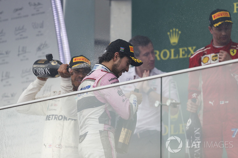 Podio: ganador, Lewis Hamilton, Mercedes-AMG F1, Ferrari, tercero, Sergio Perez, Force India