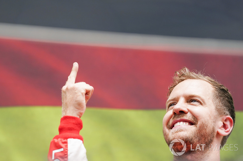Sebastian Vettel, Ferrari, 1st position, celebrates on the podium
