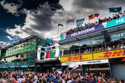 Lewis Hamilton, Mercedes-AMG F1, Sebastian Vettel, Ferrari and Kimi Raikkonen, Ferrari celebrate on the podium