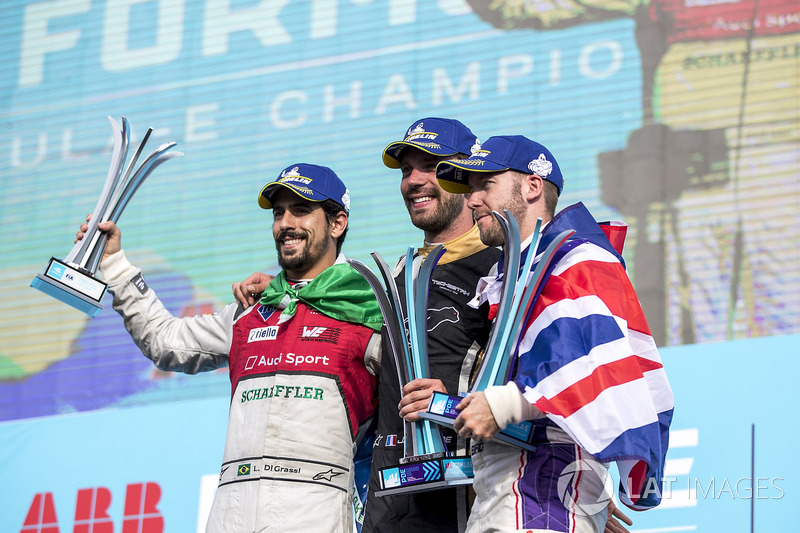 Jean-Eric Vergne, Techeetah, celebrates on the podium with Lucas di Grassi, Audi Sport ABT Schaeffler, Sam Bird, DS Virgin Racing