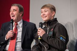 Nigel Mansell and Billy Monger on the Autosport Stage with Henry Hope-Frost