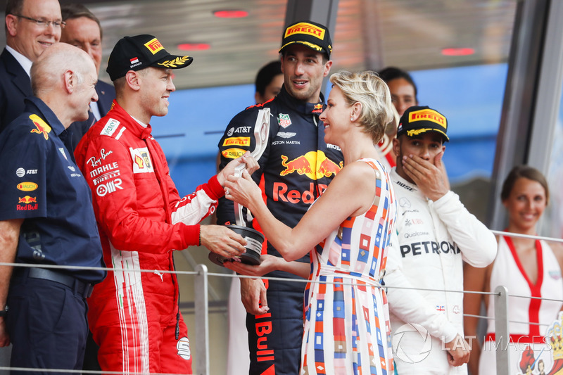 Second place Sebastian Vettel, Ferrari, receives his trophy from Princess Charlene of Monaco