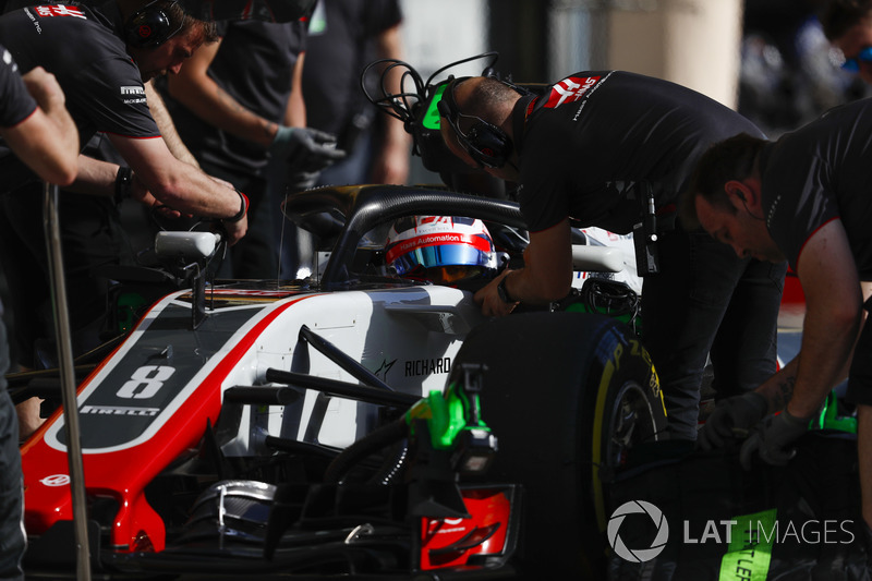 Romain Grosjean, Haas F1 Team VF-18 Ferrari, in the pits during practice