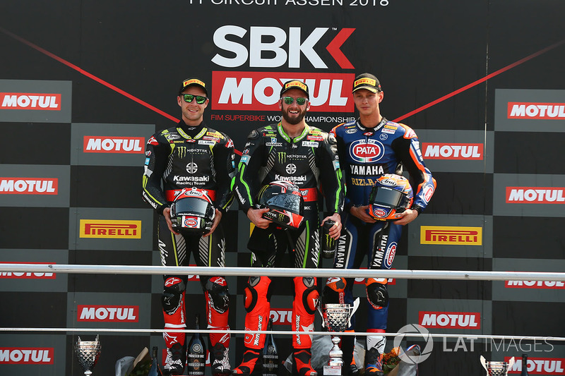 Race winner Tom Sykes, Kawasaki Racing, second place Jonathan Rea, Kawasaki Racing, third place Michael van der Mark, Pata Yamaha