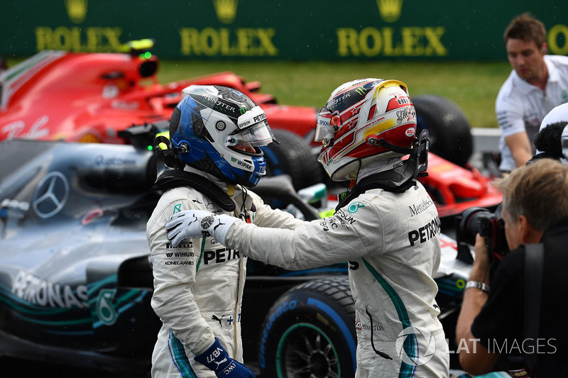 Lewis Hamilton, Mercedes-AMG F1 and Valtteri Bottas, Mercedes-AMG F1 celebrate in parc ferme