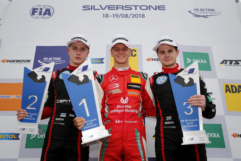 Podium: Race winner Mick Schumacher, PREMA Theodore Racing Dallara F317 - Mercedes-Benz, second place Jüri Vips, Motopark Dallara F317 - Volkswagen, third place Jonathan Aberdein, Motopark Dallara F317 - Volkswagen