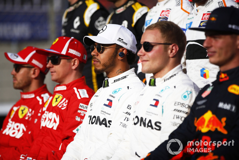 Sebastian Vettel, Ferrari, Kimi Raikkonen, Ferrari, Lewis Hamilton, Mercedes AMG F1, Valtteri Bottas, Mercedes AMG F1, y Max Verstappen, Red Bull Racing.
