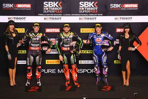 Polesitter Tom Sykes, Kawasaki Racing, second place Jonathan Rea, Kawasaki Racing, third place Alex Lowes, Pata Yamaha
