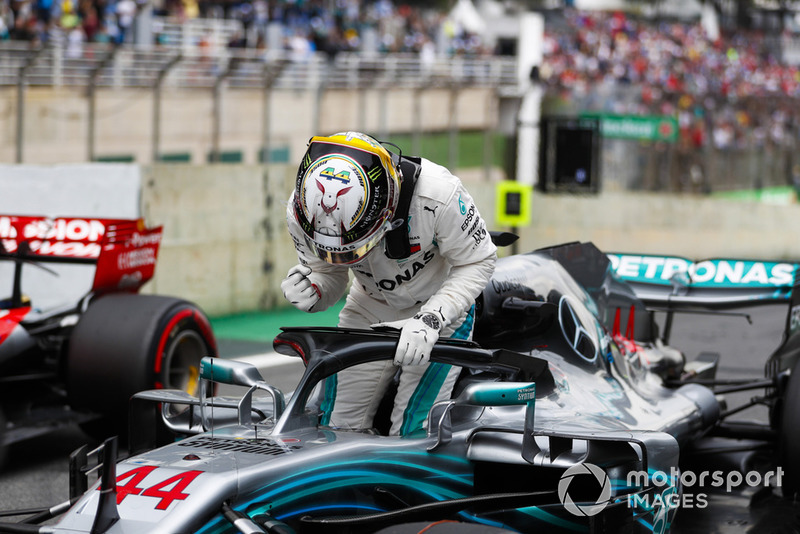 Lewis Hamilton, Mercedes AMG F1, celebrates after securing pole position