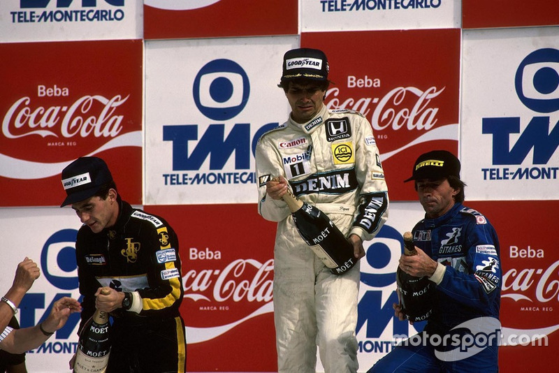 Winner Nelson Piquet, Williams FW11,  Ayrton Senna, Lotus 98T, 2nd place, Jacques Laffite, Ligier JS27, 3rd place 