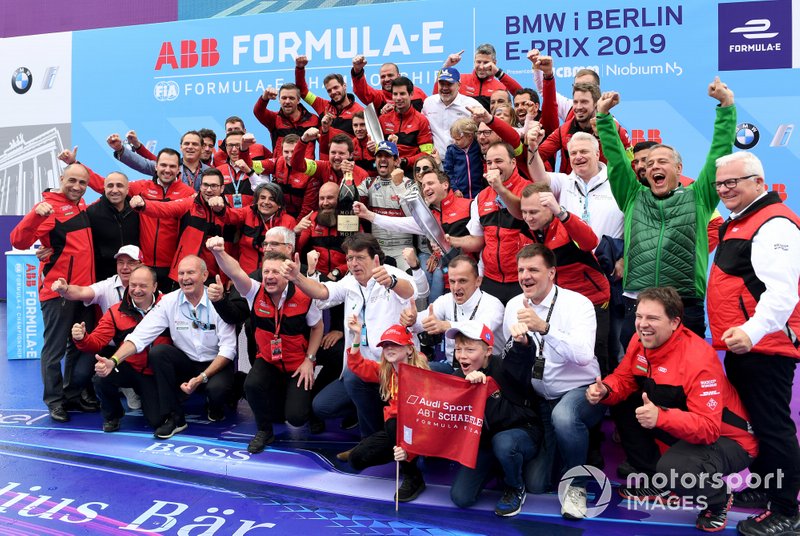 Lucas Di Grassi, Audi Sport ABT Schaeffler, celebrates with the team including Dieter Gass, Head of Audi Motorsports, Allan McNish, Team Principal, Audi Sport Abt Schaeffler 