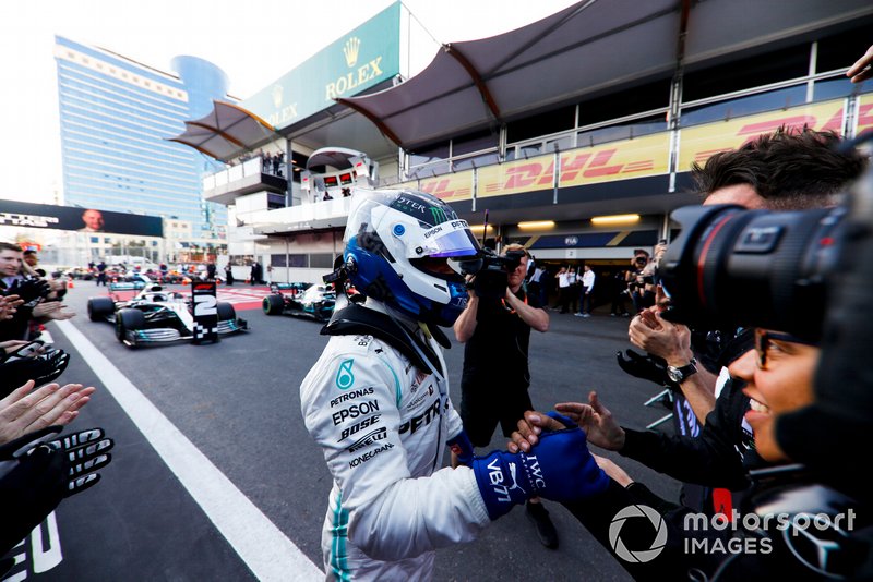 Valtteri Bottas, Mercedes AMG F1, 1st position, celebrates with his team in Parc Ferme