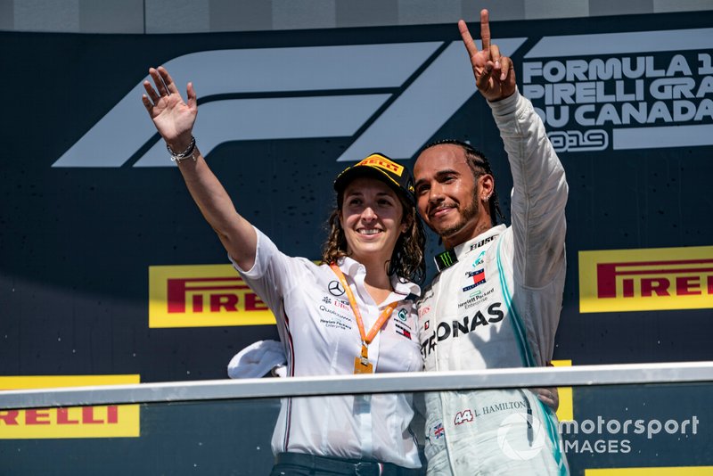 Lewis Hamilton, Mercedes AMG F1, 1st position, celebrates on the podium with his team mate