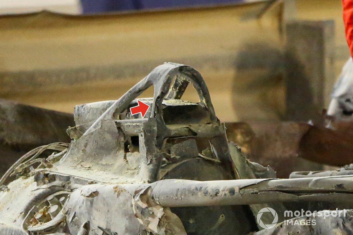 The remains of the car of Romain Grosjean, Haas VF-20