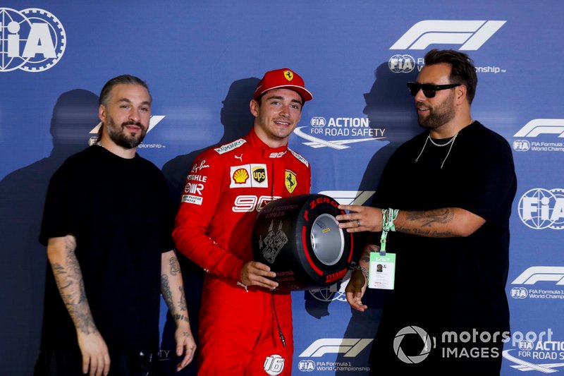 Pole sitter Charles Leclerc, Ferrari receives the Pirelli Pole Position award from Swedish House Mafia, DJs