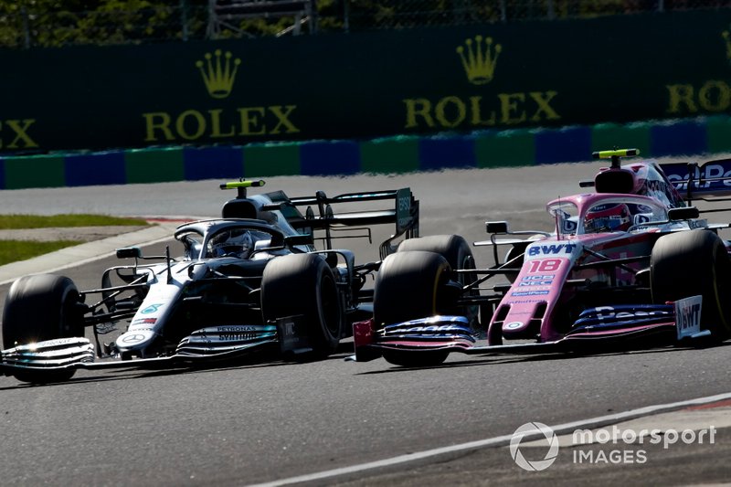 Valtteri Bottas, Mercedes AMG W10, lotta con Lance Stroll, Racing Point RP19
