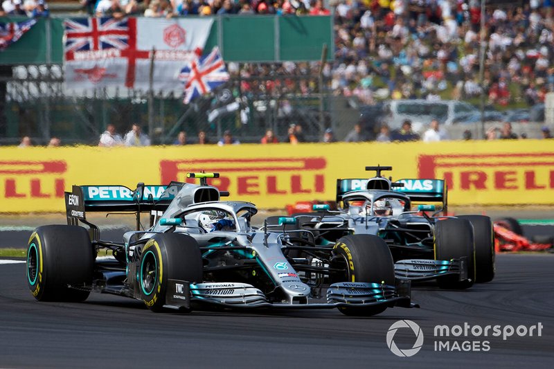 Valtteri Bottas, Mercedes AMG W10, leads Lewis Hamilton, Mercedes AMG F1 W10