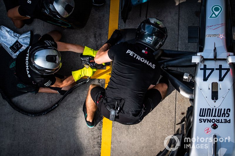 Mercedes AMG F1 pit stop practice with the Mercedes AMG F1 W10