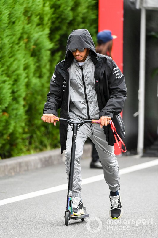 Lewis Hamilton, Mercedes AMG F1 on a scooter