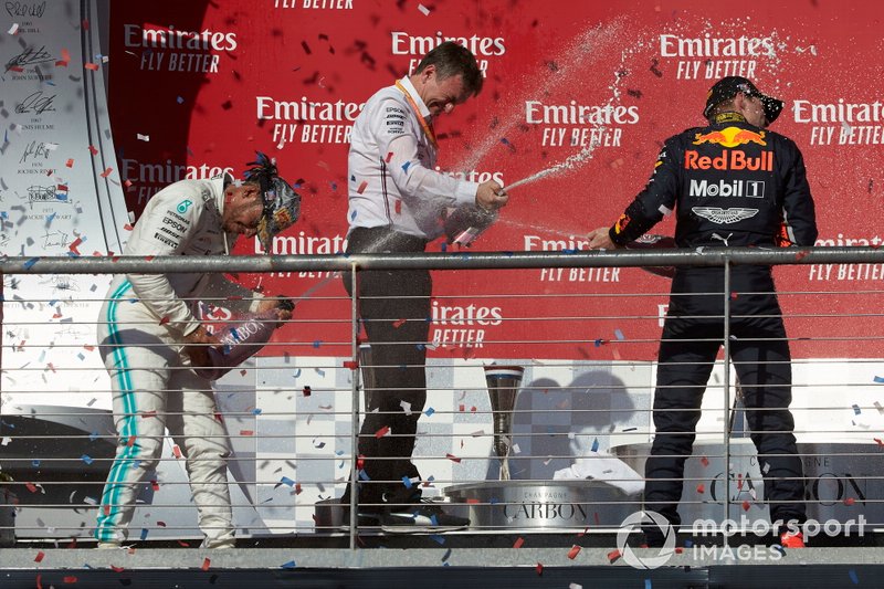 James Allison, Technical Director, Mercedes AMG, sprays champagne with Lewis Hamilton, Mercedes AMG F1 and Max Verstappen, Red Bull Racing 