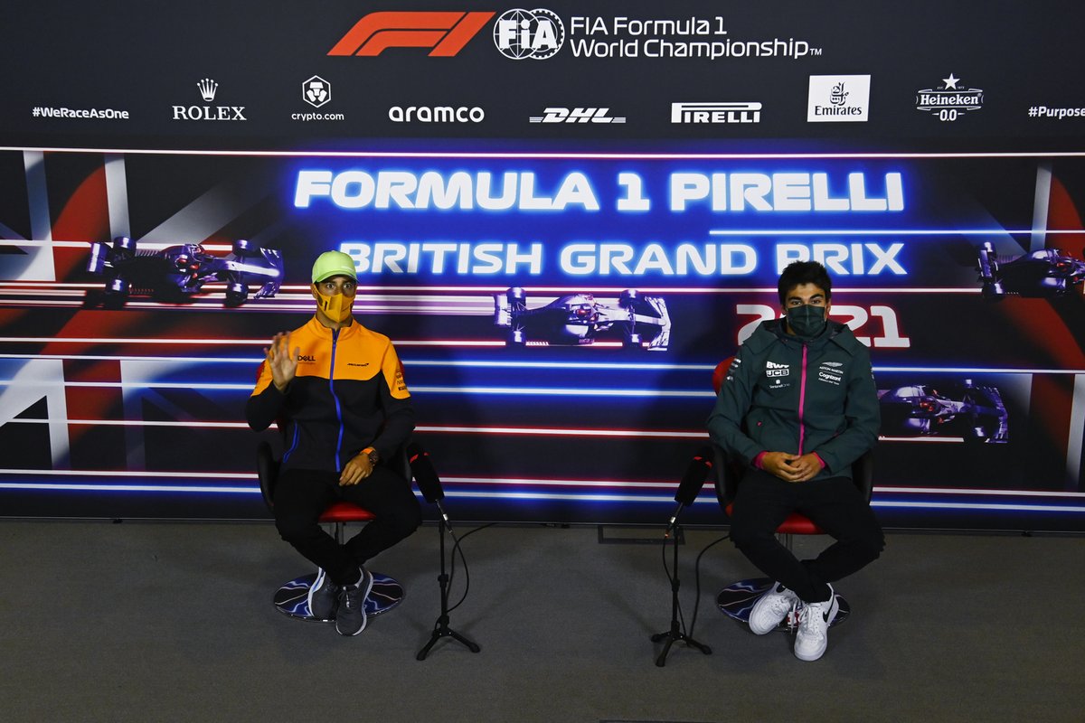 Daniel Ricciardo, McLaren, and Lance Stroll, Aston Martin, in the press conference