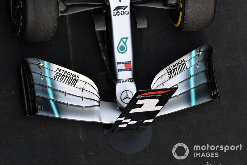 The front wing of the winning car of Lewis Hamilton, Mercedes AMG F1 W10, 1st position