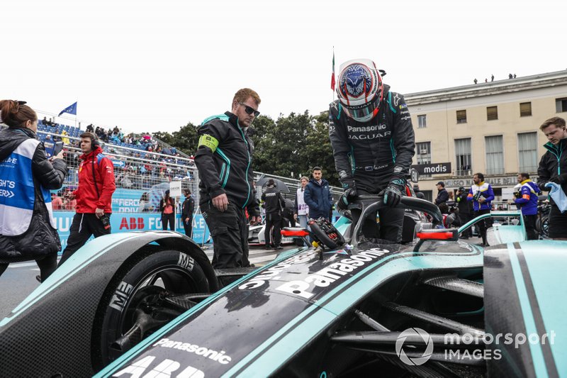 Mitch Evans, gets out of his Panasonic Jaguar Racing Jaguar I-Type 3 on the grid