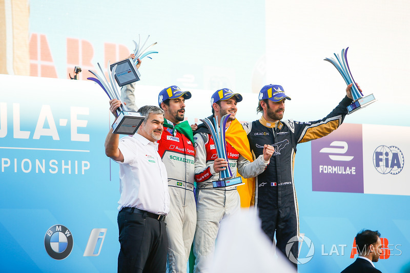 Jean-Eric Vergne, Techeetah, 3° classificato, Lucas di Grassi, Audi Sport ABT Schaeffler, 2° classificato, Daniel Abt, Audi Sport ABT Schaeffler, vincitore dell'ePrix di Berlino