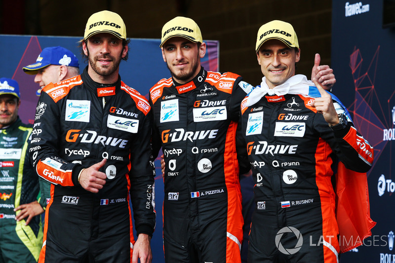 LMP2 podium: winners #26 G-Drive Racing Oreca 07: Roman Rusinov, Jean-Eric Vergne, Andrea Pizzitola