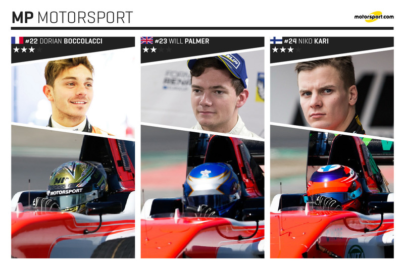 MP Motorsport et ses pilotes : Dorian Boccolacci, Will Palmer et Niko Kari