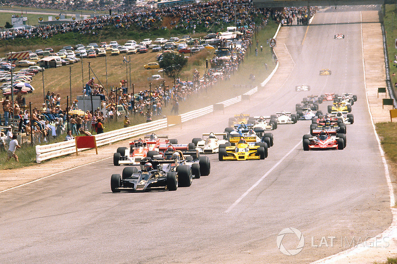 Mario Andretti, Lotus 78 Ford leads Jody Scheckter, Wolf WR1 Ford, Nikim Lauda, Brabham BT46 Alfa Ro