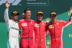 Lewis Hamilton, Mercedes-AMG F1,Claudio Albertini, Ferrari Engineer, Sebastian Vettel, Ferrari and Kimi Raikkonen, Ferrari celebrate on the podium