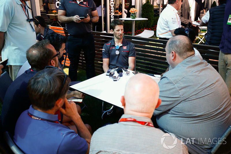 Romain Grosjean, Haas F1 Team, speaks to the media