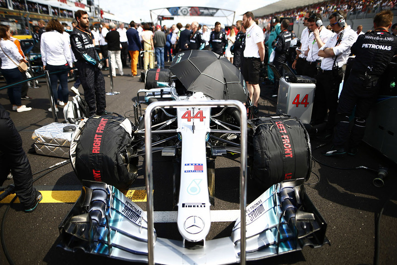 the Mercedes AMG F1 W09 of Lewis Hamilton on the grid