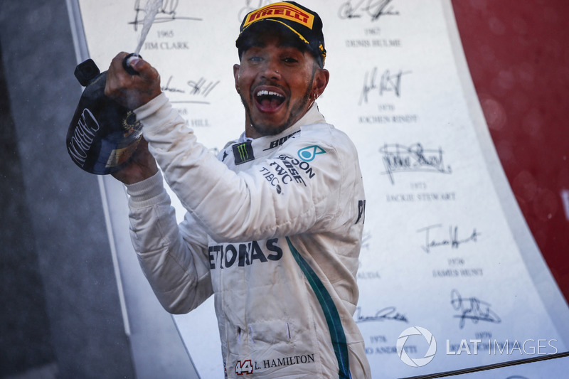 Lewis Hamilton, Mercedes AMG F1, 1st position, sprays the victory Champagne