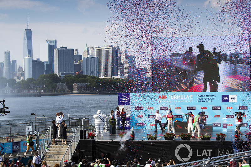 Daniel Abt, Audi Sport ABT Schaeffler,Lucas di Grassi, Audi Sport ABT Schaeffler, Sébastien Buemi, Renault e.Dams, celebrate on the podium after the race