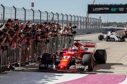 Sebastian Vettel, Ferrari SF70H arrives and celebrates in parc ferme