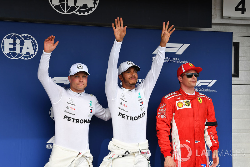 Valtteri Bottas, Mercedes-AMG F1, Lewis Hamilton, Mercedes-AMG F1 and Kimi Raikkonen, Ferrari celebrate in parc ferme