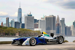 A Formula E car with the New York City skyline