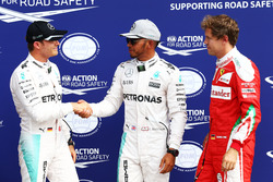Qualifying top three in parc ferme (L to R): second place Nico Rosberg, Mercedes AMG F1; Pole position Lewis Hamilton, Mercedes AMG F1; third place Sebastian Vettel, Ferrari