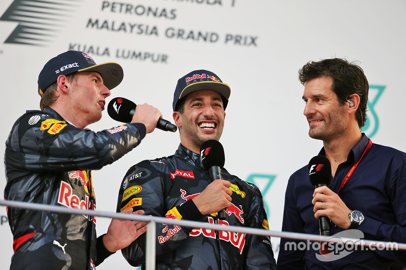 (L to R): Max Verstappen, Red Bull Racing on the podium with team mate Daniel Ricciardo, Red Bull Racing and Mark Webber, Porsche Team WEC Driver / Channel 4 Presenter