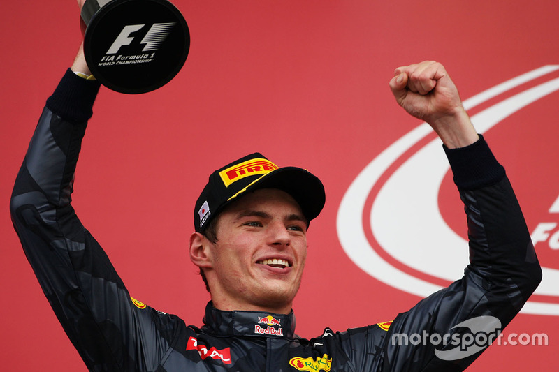 Max Verstappen, Red Bull Racing celebrates his second position on the podium