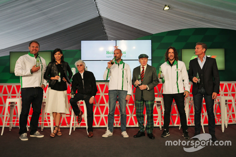 (L to R): Scott Quinnell, Former Rugby Player; Stephanie Sigman, Actress; Bernie Ecclestone, Heineken Global Head of Brand; Jackie Stewart, Former Football Player, at a Heineken sponsorship announcement